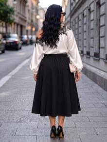 Easura Casual 2-delat set för kvinnor i plus size med spets, patchwork, asymmetrisk axel, topp och kjol för hösten - Multifärgad - Visa 2