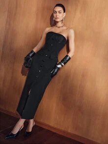 MOTF PREMIUM STRAPLESS FITTED CUT-OUT PATCHWORK LIGHT EVENING DRESS - Black - View 3