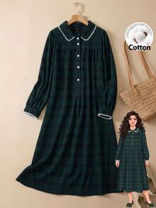 Rusticease Plus Size Colorblock Button Front Patchwork Collar Peter Pan Collar Long Sleeve Dress Elegant Formal Fall Winter 2026 - Multicolor - View 3