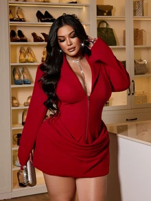 NU&NOW Plus Size Ruched Bodycon Blazer Collar Sexy Elegant Dress Fall - Burgundy - View 1