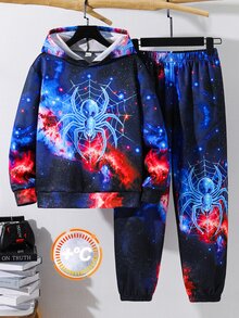 兒童青少年男孩休閒運動星空蜘蛛圖案連帽衛衣與運動長褲套裝，適合秋冬、學校、家庭聚會、返校季，男孩套裝 - 彩色 - 查看 3