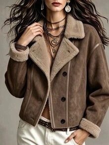 LUMIGAL Women's Autumn/Winter Long Sleeve Thermal Lined Single-Breasted Casual 90s Retro Loose Fit Jacket Everyday Hiking Brown - Brown - View 12