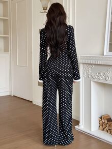 Feyla Women's Polka Dot Print Patchwork Striped Long Sleeve Top And Wide Leg Pants Elegant 2 Pieces Set - Black - View 2