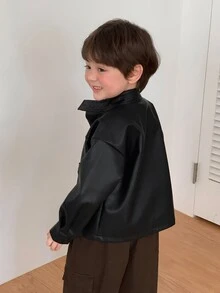 DAZY Infant (Boy) Solid Color Long Sleeve PU Korean Style Jacket - Black - View 2