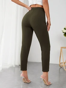 SHEIN PETITE 高腰壓褶錐形黑色夏季長褲，適合嬌小女性 - 軍綠色 - 查看 2