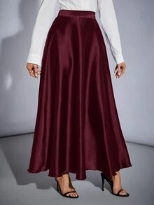 SHEIN Tall 高腰純色喇叭派對女款大寬擺裙，適合高個女性 - 紫紅色 - 查看 3