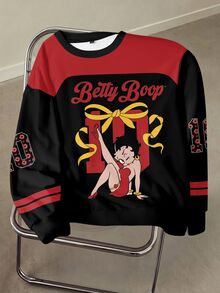 Betty Boop x SHEIN 女款卡通印花撞色長袖運動衫 - 白色 - 查看 5