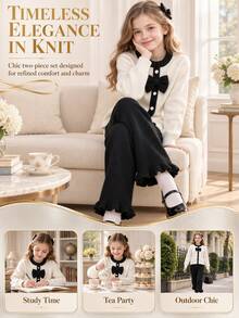 SHEIN Setelan 2 potong untuk anak perempuan usia 8-12 tahun: Cardigan dan celana rajut dengan detail ruffle, warna hitam putih, dan motif pita. - Hitam dan Putih - View 5