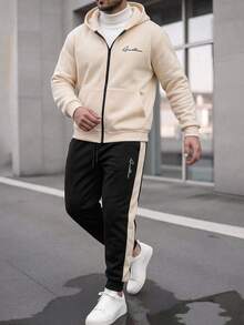 兒童青少年男孩休閒運動字母印花寬鬆版型全開襟立領杏色運動外套與黑色慢跑長褲2件套，適合秋冬休閒運動風格 - 杏色 - 查看 6