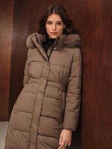 Anewsta Quilted Detachable Hood Cinched Waist Mid-Length Women's Padded Coat - Mocha Brown - View 7