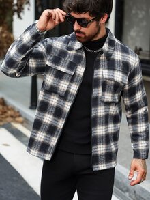 Manfinity Homme 男士格紋混紡羊毛商務休閒經典百搭秋冬夾克，翻領、拉鍊、多口袋，工裝風 - 彩色 - 查看 4