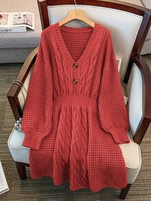 GlowEve CURVE Plus Size V-Neck Lantern Sleeve A-Line Thick Drawstring Knitted Sweater Dress, Solid Color, Winter - Redwood - View 2