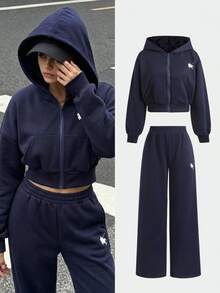 SHEIN 青少年女孩秋冬時尚休閒連帽衛衣與長褲套裝 - 藏蓝色 - 查看 4