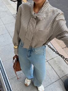 Juhart Dark Brown Plaid Bow Collar Long Sleeve Shirt, Academic Elegant Style, Autumn Daily Work Commute Blouse - Brown - View 4