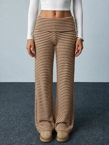 SHEIN Tall 女款休閒卡其色條紋長褲，適合上班與休閒穿著 - 棕色 - 查看 5