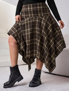 SHEIN CURVE+ New Plus Size High Waist Pleated Asymmetric Hem Skirt Autumn Commuting Date, Winter 2026 22W - Brown - View 3