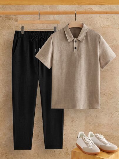 HIMLAND Men's Solid Color Short Sleeve Shirt And Long Pants Casual Daily Outfit