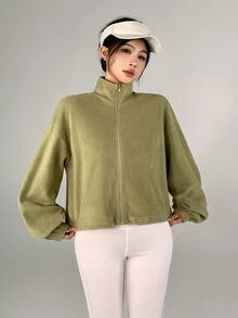 DAZY Women's Solid Color Dropped Shoulder Long Sleeve Zip-Up Sports Jacket - Limelight Green - View 4