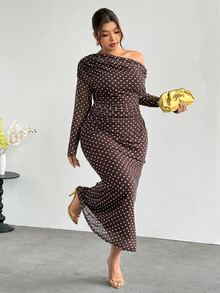 Firerie Plus Size Women Polka Dot Asymmetric Shoulder Long Sleeve Top And Skirt Casual 2 Pieces Set Elegant Thanksgiving 2 Pieces Set For Women Fall/Winter - Coffee Brown - View 3