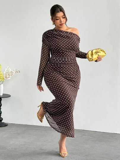 Firerie Plus Size Women Polka Dot Asymmetric Shoulder Long Sleeve Top And Skirt Casual 2 Pieces Set