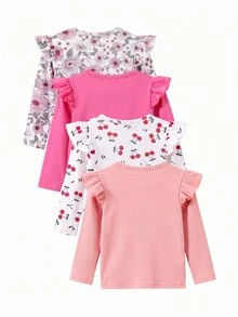 SHEIN 女嬰 4 件套，花卉櫻桃印花與純色針織短袖圓領長袖上衣，休閒日常彈性內搭層，秋冬款 - 彩色 - 查看 2