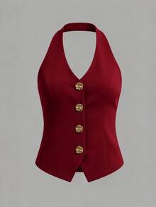 Franclia Women's Summer Elegant Front Button Backless Halter Neck Top - Burgundy - View 4