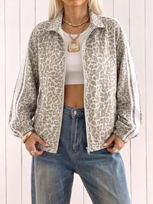 SHEIN EZwear 女款休閒豹紋條紋側拉鍊輕量夾克 - 彩色 - 查看 3