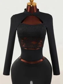 Mistrie Women's Sexy Cutout Streetwear Lace Patchwork Top - Black - View 9