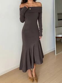 Livesso Women's Solid Color One-Shoulder Long Sleeve Fashion Mermaid Hem Elegant Knit Dress - Coffee Brown - View 3