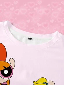 THE POWERPUFF GIRLS X SHEIN Áo thun nữ size lớn cổ tròn tay ngắn in chữ và hoạt hình phong cách thường ngày - trắng - Xem 3
