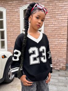 SHEIN 青少年女孩休閒舒適數字圖案V領寬鬆針織毛衣，秋冬毛衣，數字圖案毛衣，學院風母女套裝 - 黑色 - 查看 4