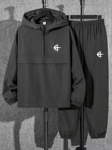 SHEIN 兒童 2 件組青少年男孩新款酷星圖案灰色連帽衫與慢跑褲套裝，適合秋冬、學校、家庭聚會、返校、生日派對、拍照、度假、假日、運動風、舒適 - 灰色 - 查看 4