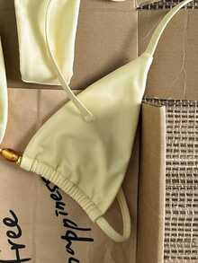 Swim Mod Polka Dot Halter Tie Two Pieces Bikini Swimsuit - Yellow - View 4