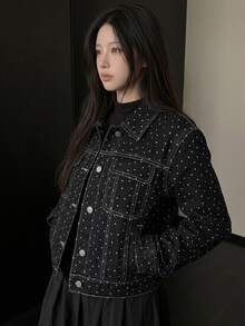 Livesso Women's Polka Dot Single-Breasted Casual Daily Denim Jacket - Black - View 3