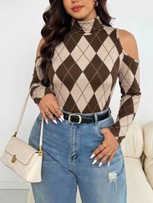 Shapeblank Casual Minimalist Slim Fit Cold Shoulder Plus Size High Neck Plaid Print T-Shirt Autumn/Winter - Multicolor - View 5