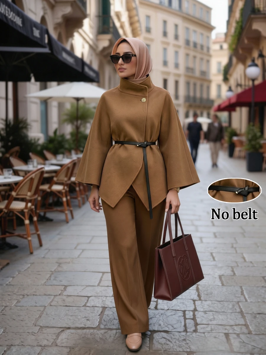 Celisse طقم نسائي من قطعتين: جاكيت بياقة واقفة من مزيج الصوف & بنطلون واسع الساق - كاكي - مشاهدة 1