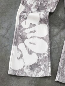 SHEIN 兒童青少年男孩休閒運動街頭風乾葉與大字母圖案長袖套頭衛衣與慢跑褲2件套，適合秋冬休閒運動風格 - 卡其色 - 查看 4