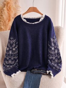 CosyJoli 大尺碼女款花卉刺繡插肩袖休閒寬鬆套頭毛衣，秋冬季 - 藏蓝色 - 查看 1