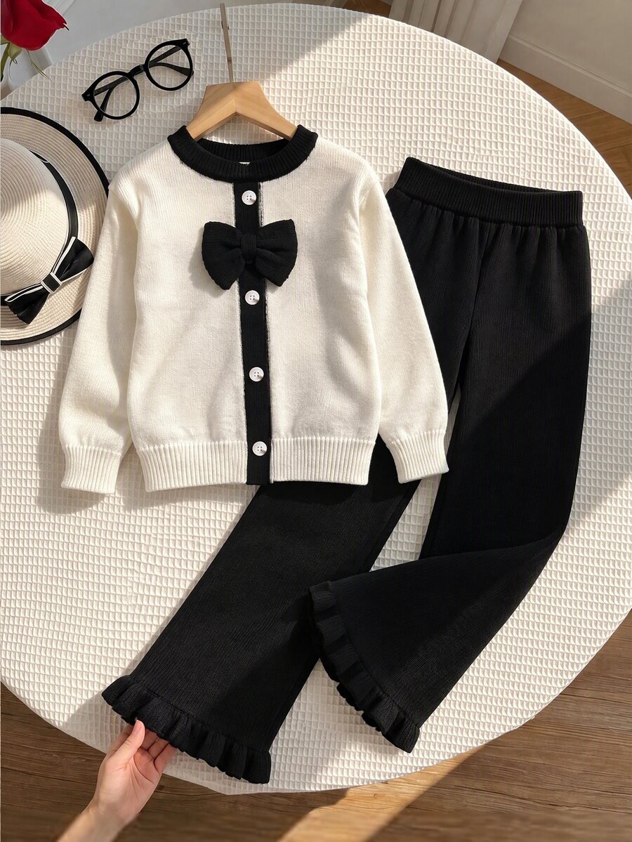 SHEIN Setelan 2 potong untuk anak perempuan usia 8-12 tahun: Cardigan dan celana rajut dengan detail ruffle, warna hitam putih, dan motif pita. - Hitam dan Putih - View 1