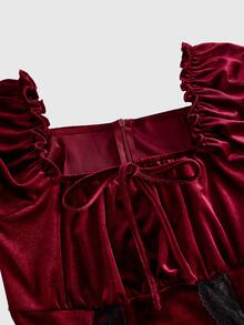 Sweetness Autumn/Winter Gothic Dark & Contrast Lace Mini Dress For Women - Burgundy - View 3