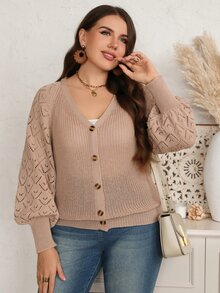 EMERY ROSE Plus Size Women's Solid Color Casual Versatile Daily Outing Cardigan Fall Winter 2026 Khaki Cardigan Casual Autumn And Winter Sweater - Brown - View 8