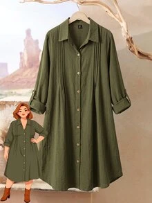 Rusticease Plus Size Women Solid Color Rolled Sleeve Single-Breasted Casual Shirt Dress Fall - Multicolor - View 11