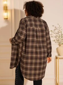 BrightlyHer Plus Size Casual Plaid Single-Breasted Long Sleeve Shirt For Daily Wear - Brown - View 2