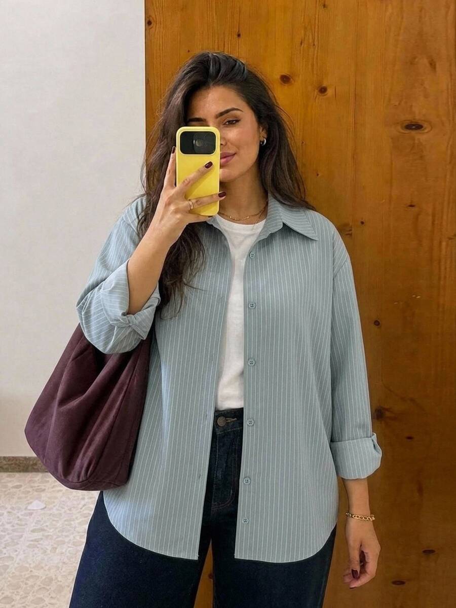 Dazy Plus Fashion Striped Lapel Loose Fit Playful Commuter Versatile Casual Spring Autumn New Shirt - Mint Blue - View 1