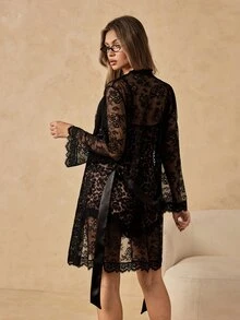 HautHeat Sexy Leopard Print Cowl Neck Satin Camisole Shorts And Lace Robe Women's Pajama Set - Multicolor - View 3