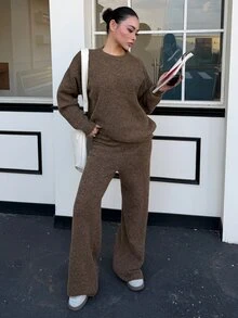 DAZY Women's Solid Color Long Sleeve Top And Pants Knit 2 Pieces Set - Brown - View 5