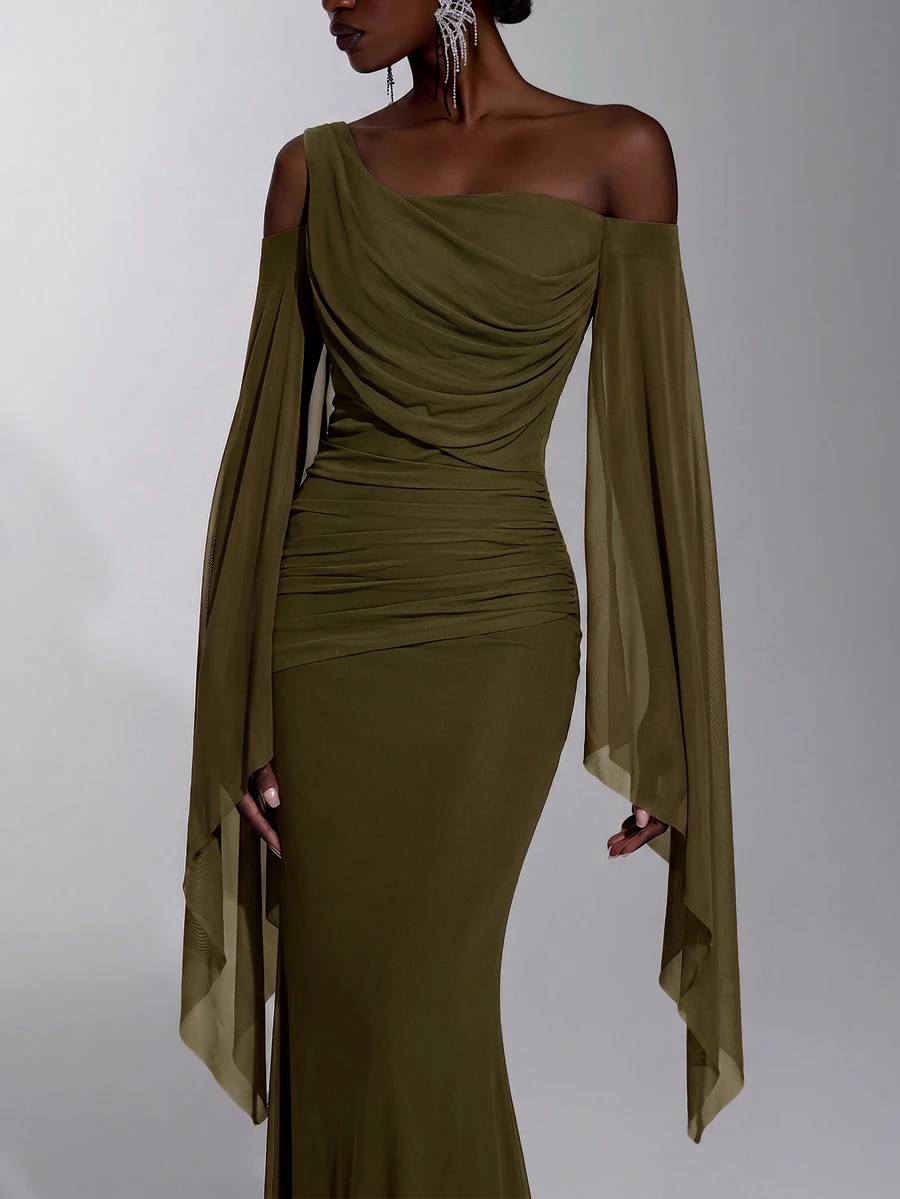 Elitara Elegant Classical Elastic Asymmetrical Shoulder Draped Neckline Ruched Waist Bodycon Long Dress, Suitable For Festivals, Celebrations, Weddings, Balls, Concerts, Business Guest Banquets, Internet Celebrity Events, Women's Formal Evening Gown - Army Green - View 1