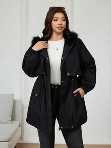 Reflora Plus Size Women's Solid Color Long Sleeve Zip-Up Drawstring Waist Patchwork Fur Hooded Jacket - Black - View 8