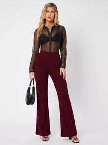 SHEIN Tall 女款純色休閒百搭日常穿著長褲 - 酒紅色 - 查看 4