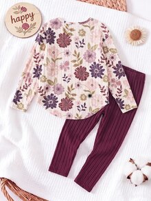 SHEIN Vintaside Kids 青少年女孩秋季套裝 3件/組 溫柔復古風，花卉長袖上衣、修身長褲，秋季返校穿搭 - 紫色 - 查看 2